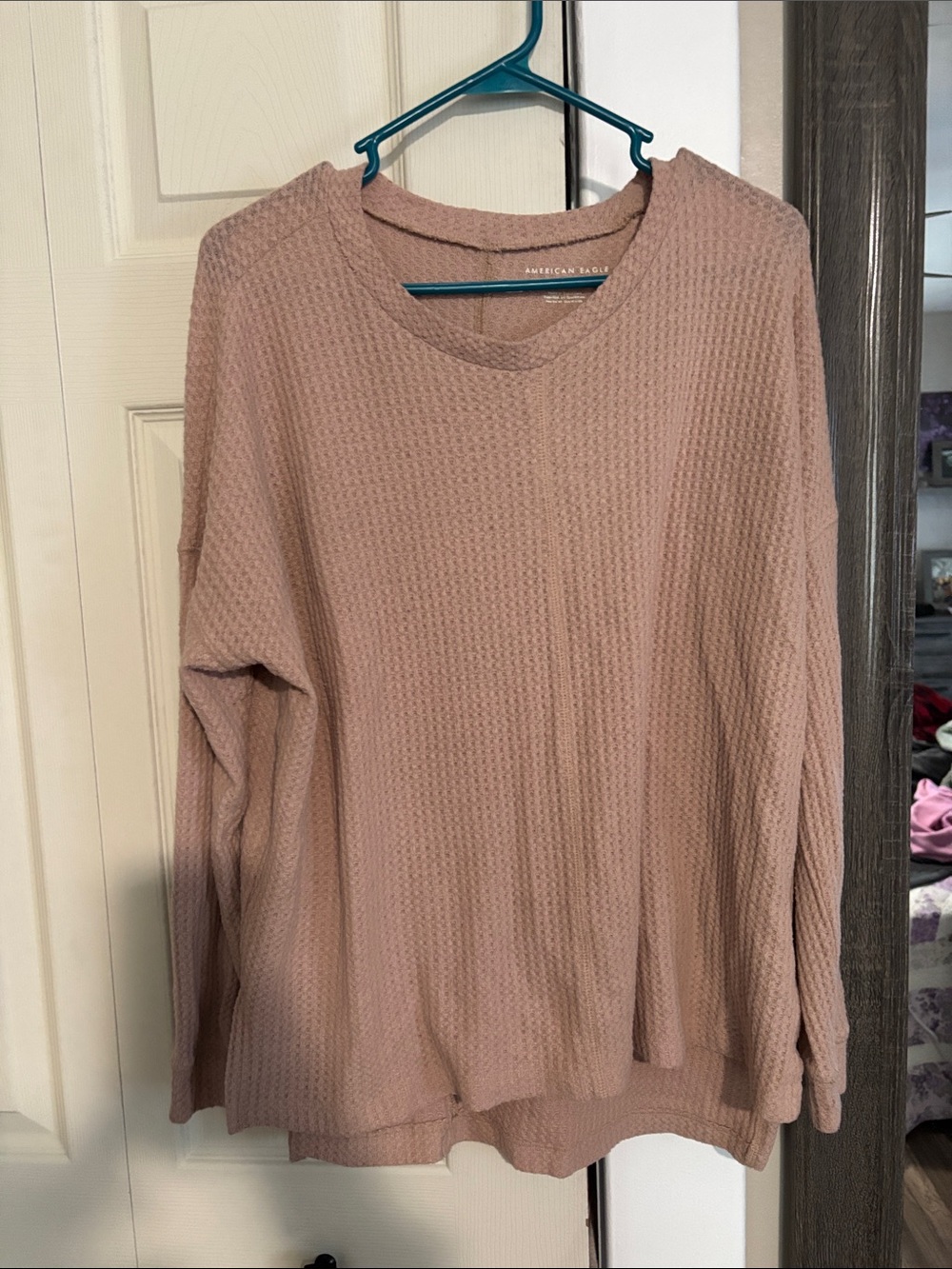 American Eagle Outfitters Dusty Mauve Waffle Knit Long Sleeve Top